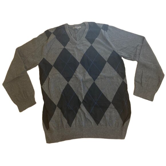 Old Navy Argyle V-Neck Sweater XL Gray & Black 100% Cotton Mens Pullover - Picture 1 of 6